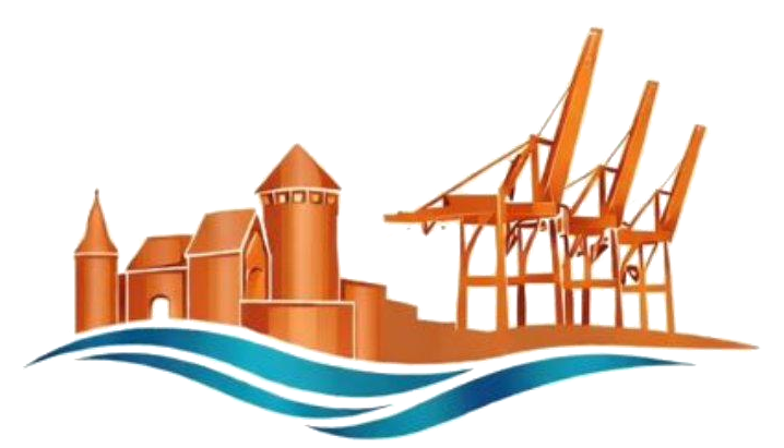 Illustration: historische Kupferstadt-Silhouette und Hamburger Hafenkräne über den Wellen der Elbe